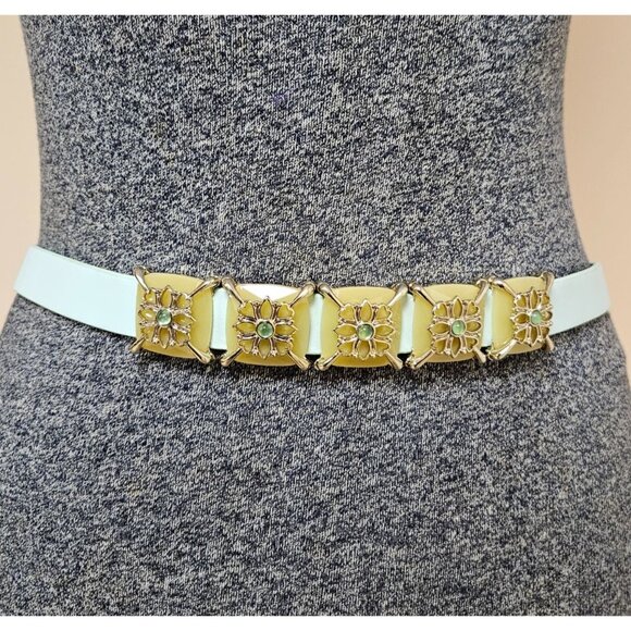 Womens Statement Belt Vintagw Mint Green Waist Belt Yellow Floral Accents - Picture 1 of 6